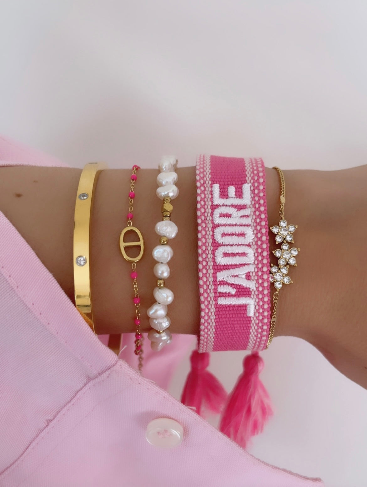 BRACELET BRODÉ J’ADORE ROSE
